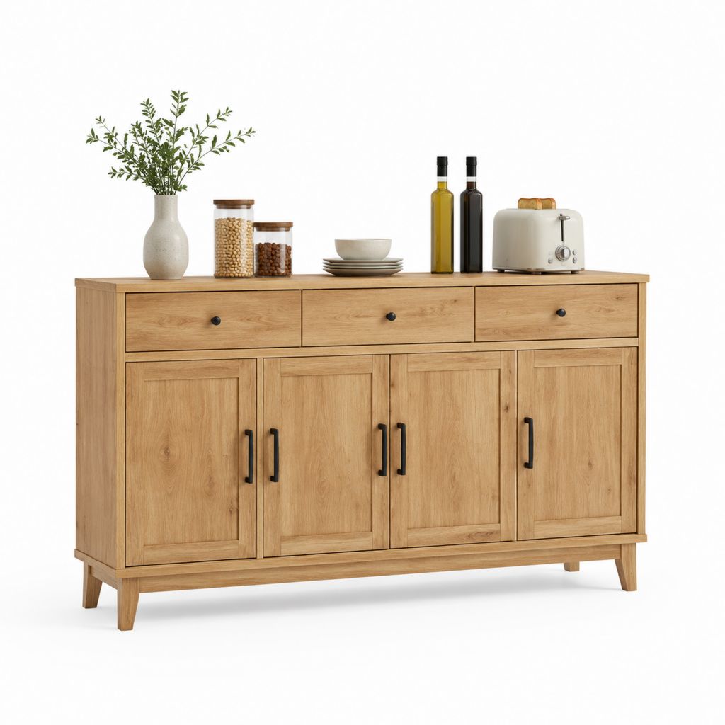 Credenza rettangolare 4 ante 3 cassetti rovere MDF impiallacciato 160 x 40 x 90 cm