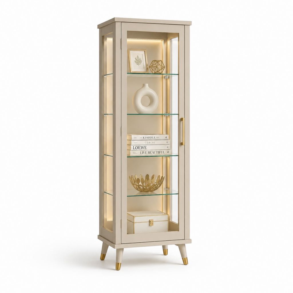 Vetrina a 1 anta avorio in MDF e vetro temperato con LED 60 x 40 x 180 cm