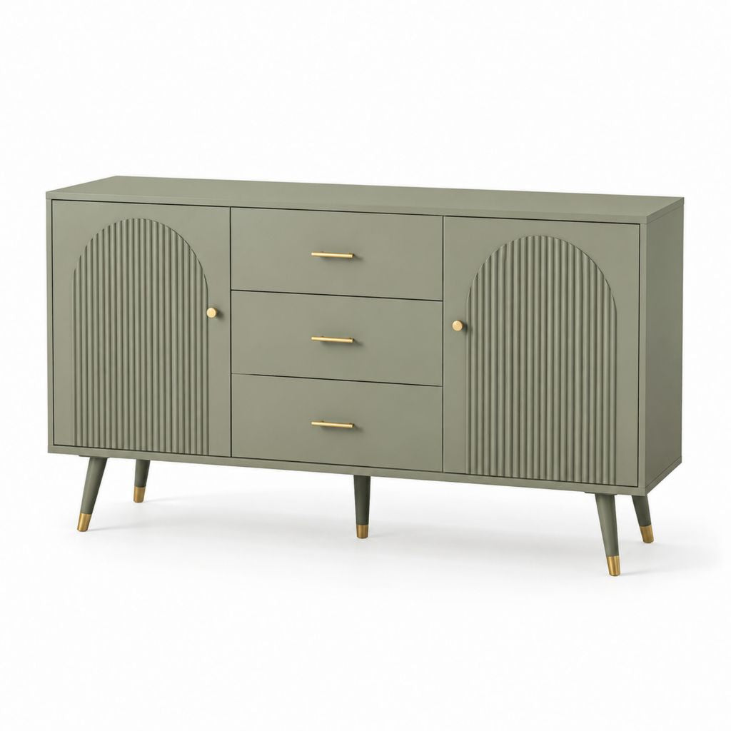 Credenza verde oliva in MDF con 2 ante 3 cassetti 160 x 40 x 80 cm