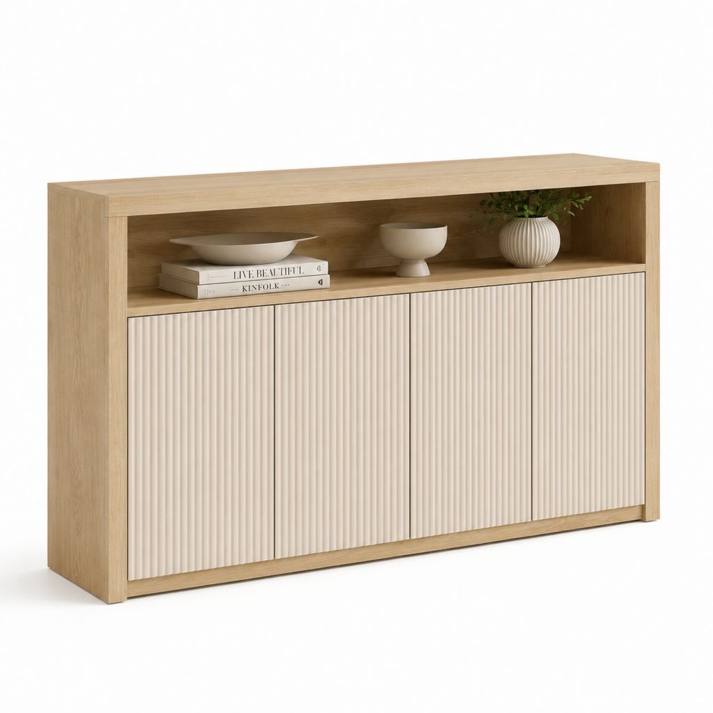 Credenza 3 ante con vano a giorno rovere chiaro e avorio in MDF 120 x 40 x 85 cm