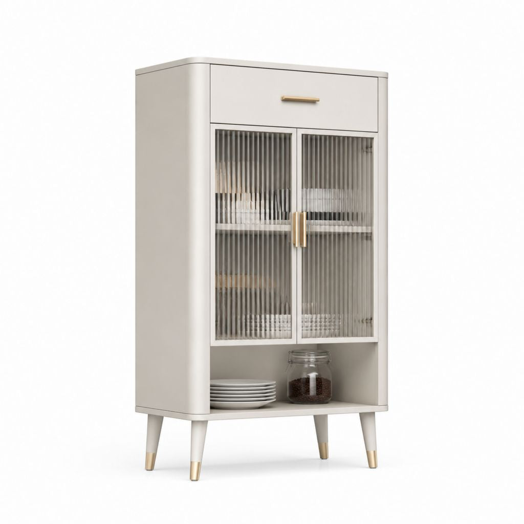 Credenza alta con vetrina avorio in MDF e vetro rigato 80 x 40 x 150 cm