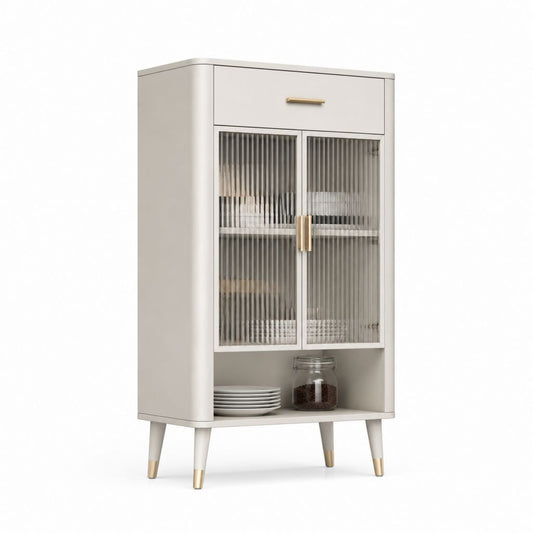 Credenza alta con vetrina avorio in MDF e vetro rigato 80 x 40 x 150 cm