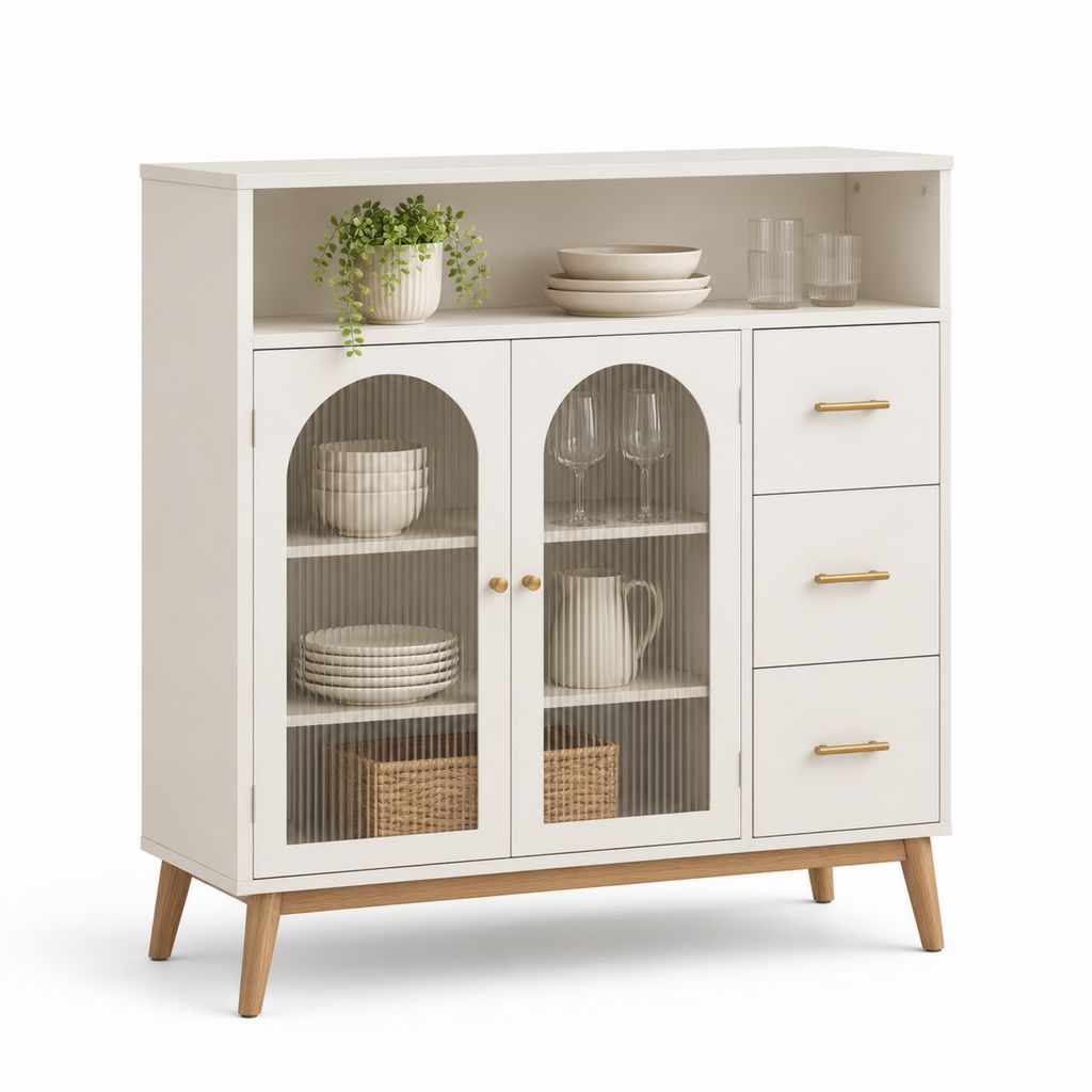 Credenza da sala da pranzo bianca in MDF con ante in vetro scanalato e 3 cassetti 100 x 40 x 120 cm