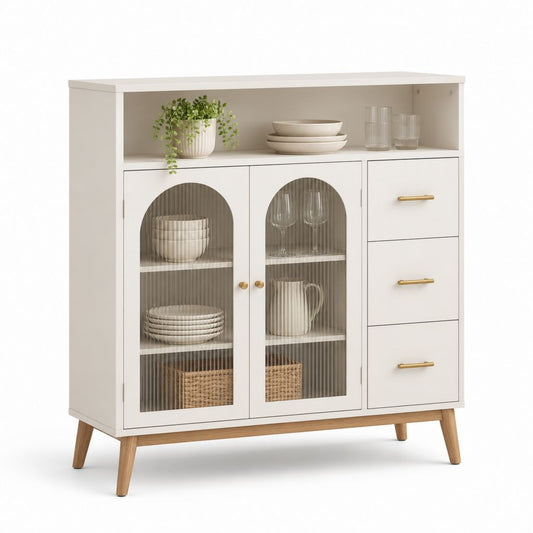 Credenza da sala da pranzo bianca in MDF con ante in vetro scanalato e 3 cassetti 100 x 40 x 120 cm