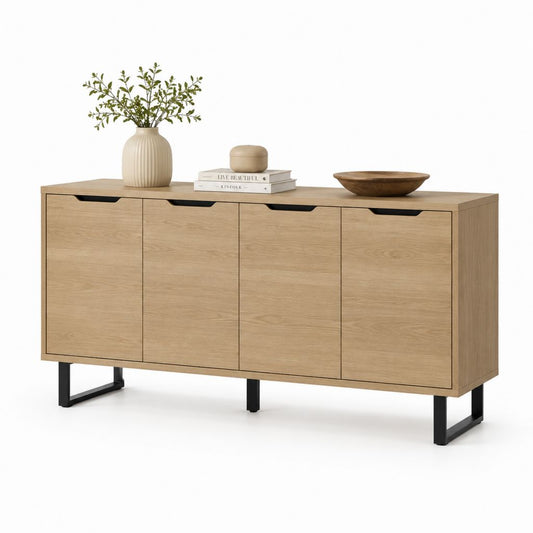 Credenza 4 ante rovere chiaro in pannelli MDF e acciaio 160 x 40 x 75 cm