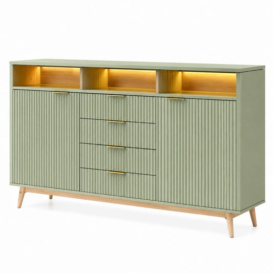 Credenza da sala da pranzo verde salvia in MDF con ante scorrevoli e cassetti 160 x 40 x 95 cm
