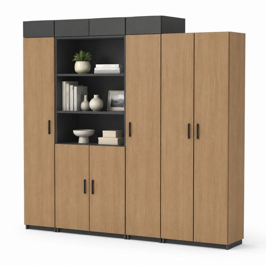 Credenza alta con vani aperti rovere e nero in pannello truciolare rettangolare 200 x 40 x 200 cm