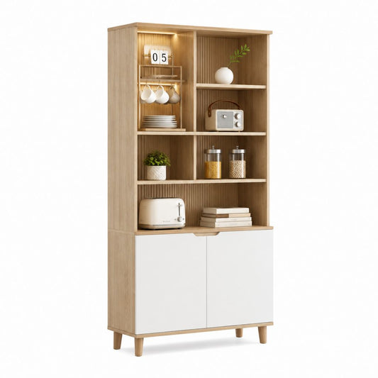 Credenza alta a 2 ante con ripiani e vano portatazze bianco e rovere in MDF 80 x 40 x 180 cm