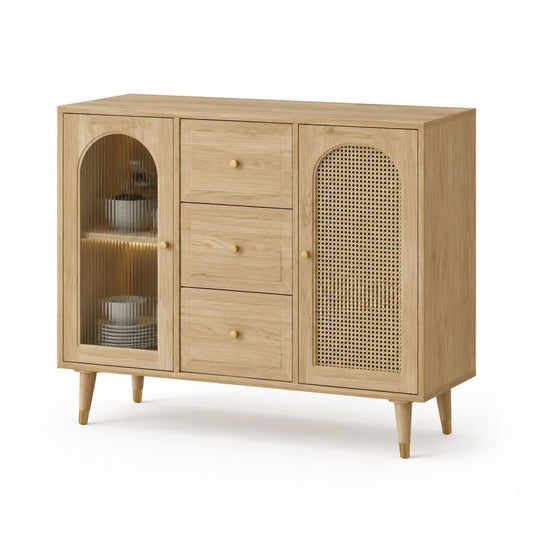Credenza da sala da pranzo rovere con vetro scanalato e rattan 120 x 40 x 90 cm