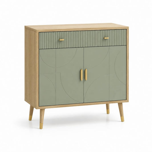 Credenza da sala da pranzo verde salvia in MDF effetto rovere con 2 ante e cassetto 100 x 40 x 110 cm