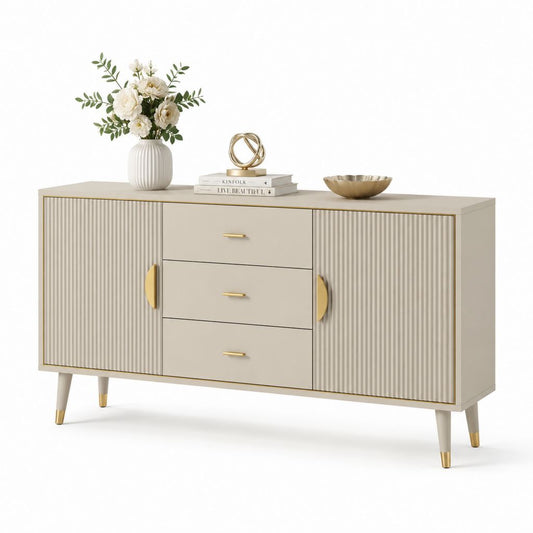 Credenza da sala da pranzo beige in MDF con 2 ante scanalate e 3 cassetti 160 x 40 x 85 cm