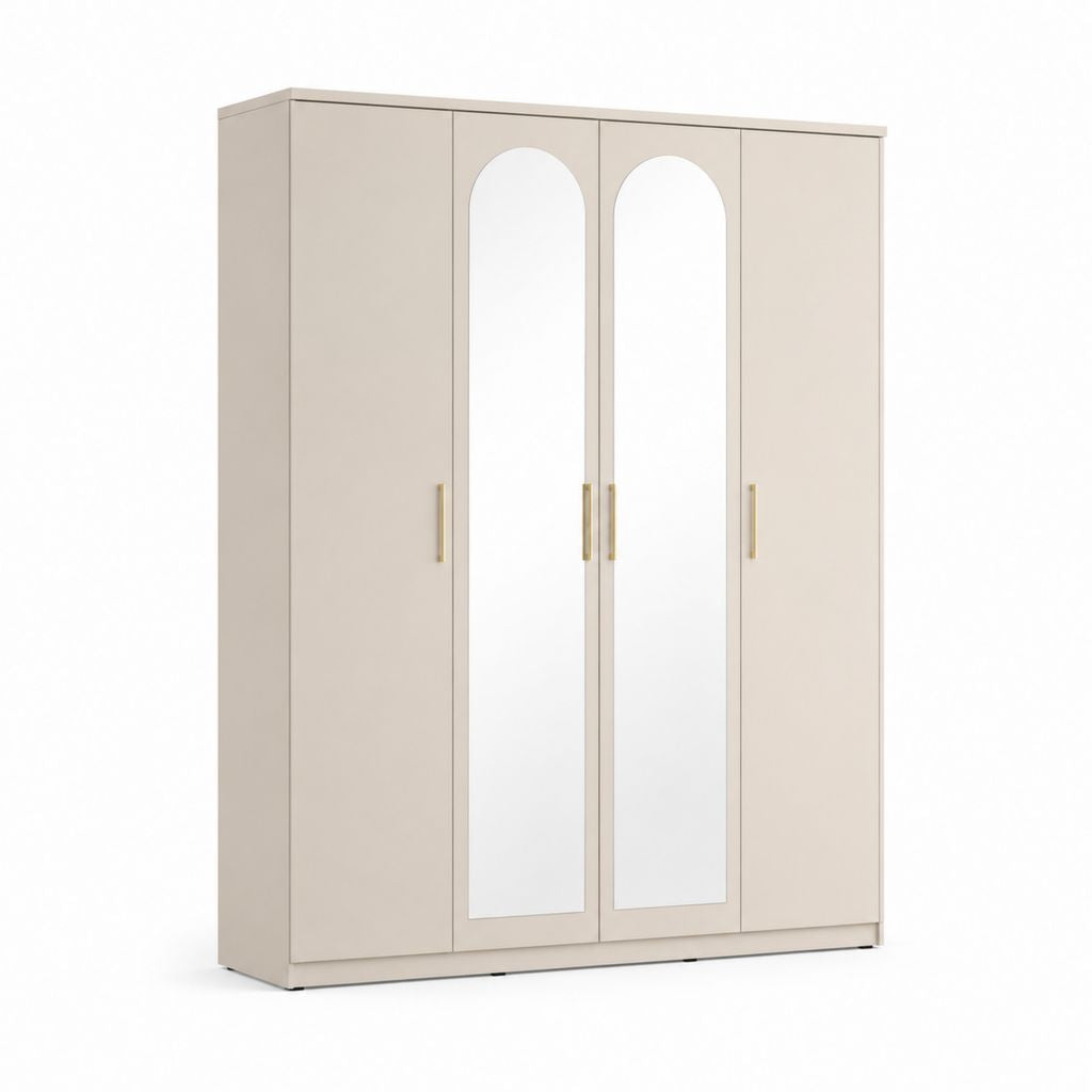Armadio guardaroba a 4 ante beige in pannello truciolare con 2 specchi 160 x 52 x 200 cm