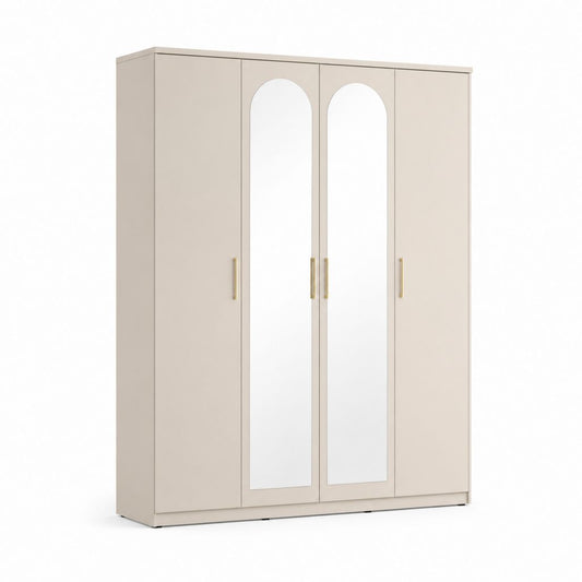 Armadio guardaroba a 4 ante beige in pannello truciolare con 2 specchi 160 x 52 x 200 cm