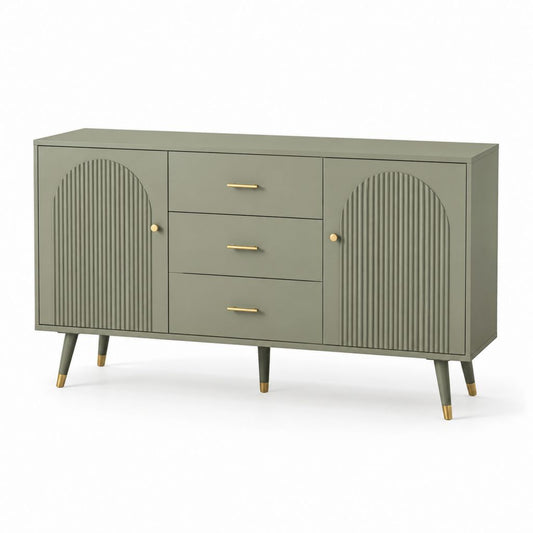Credenza verde oliva in MDF con 2 ante 3 cassetti 160 x 40 x 80 cm