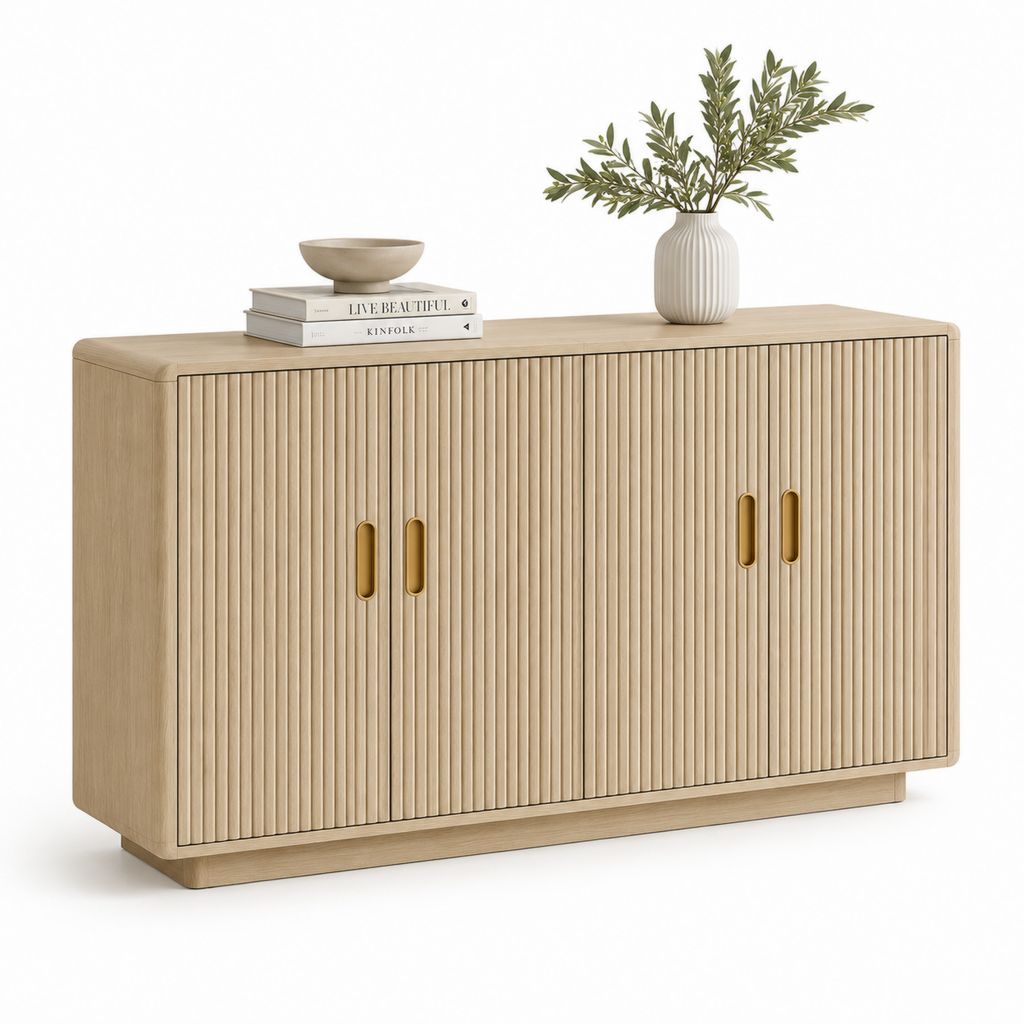 Credenza da sala da pranzo beige in MDF impiallacciato rovere con 4 ante scanalate 160 x 40 x 85 cm