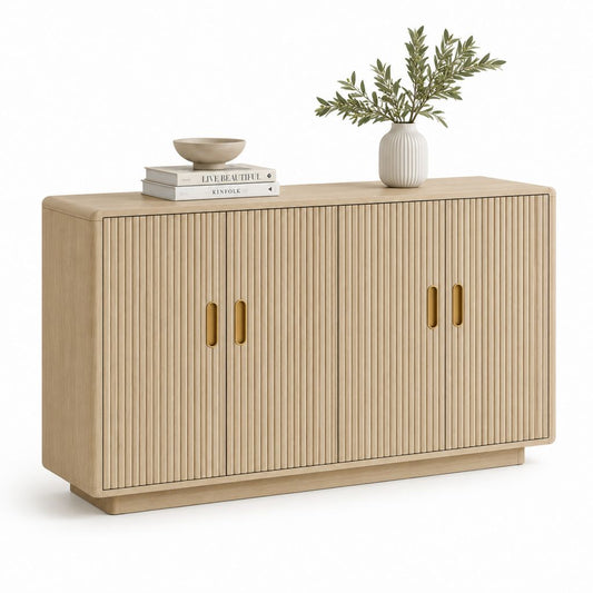 Credenza da sala da pranzo beige in MDF impiallacciato rovere con 4 ante scanalate 160 x 40 x 85 cm