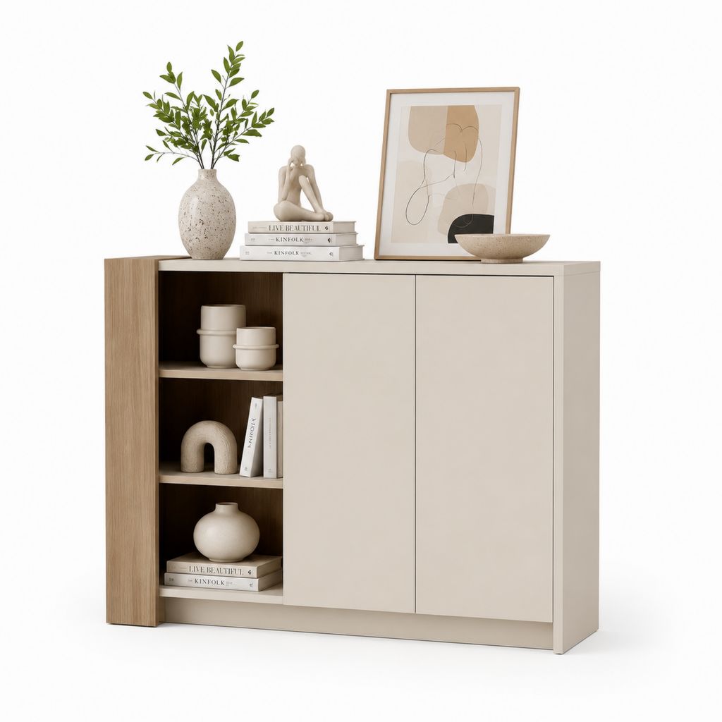 Credenza da sala da pranzo beige e rovere con 2 ante e ripiani 120 x 40 x 90 cm