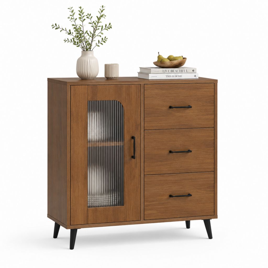 Credenza da pranzo marrone effetto noce in MDF e vetro rigato 120 x 40 x 120 cm