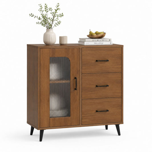 Credenza da pranzo marrone effetto noce in MDF e vetro rigato 120 x 40 x 120 cm