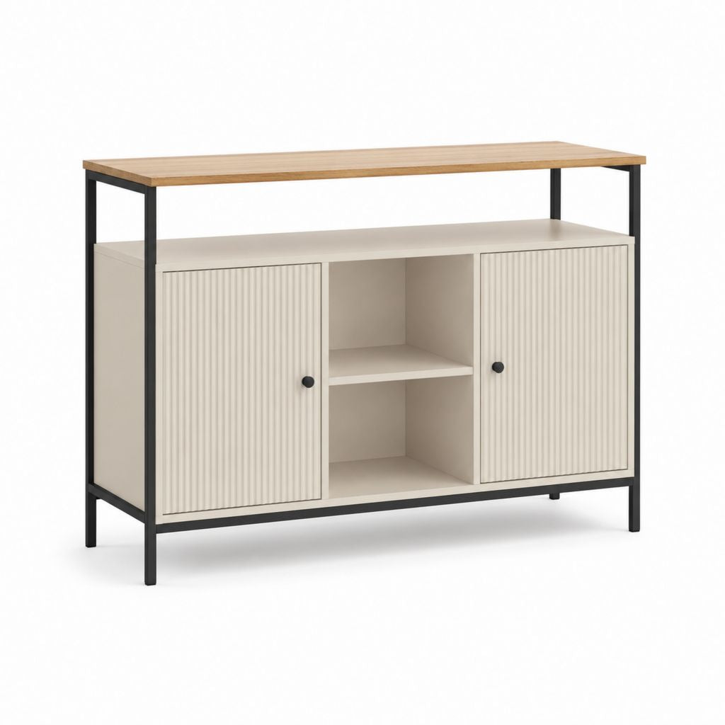 Credenza da sala da pranzo beige e rovere con ante scanalate struttura in acciaio 120 x 40 x 100 cm
