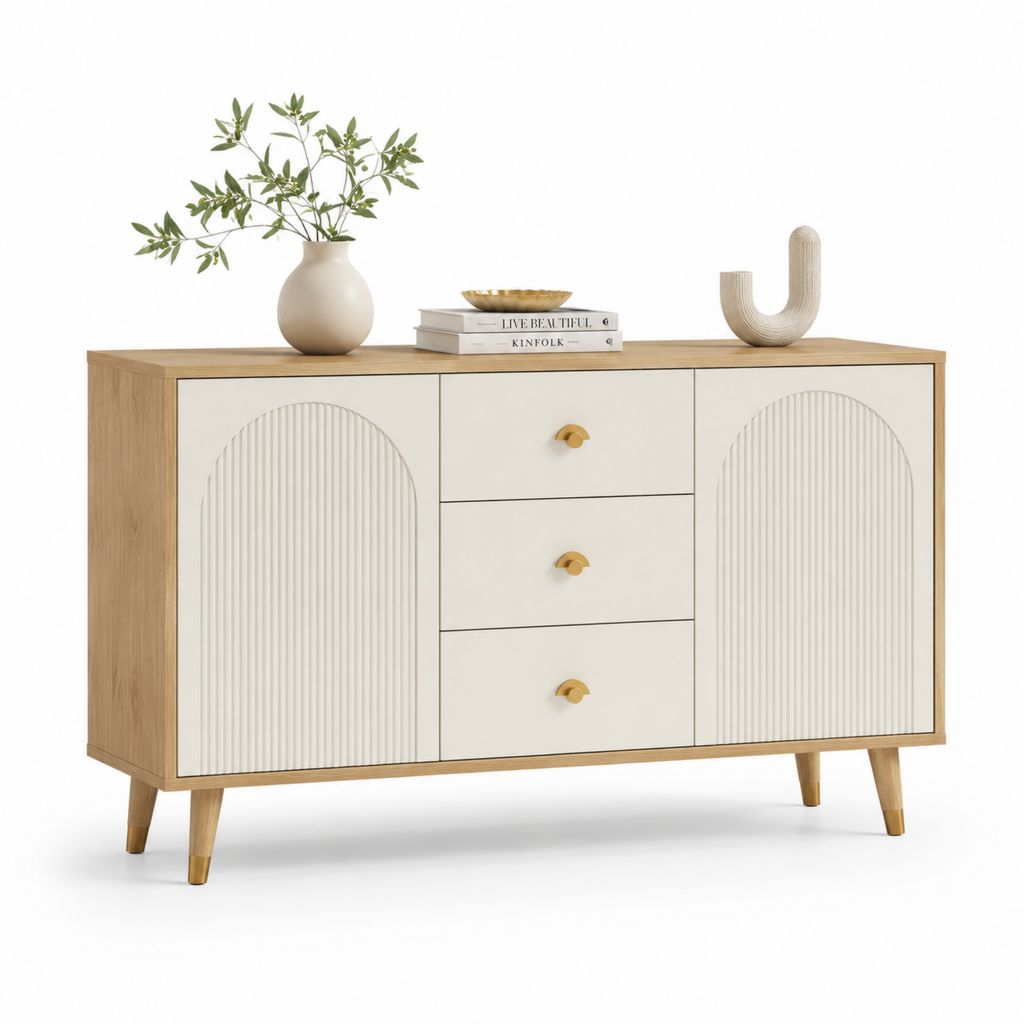 Credenza da sala da pranzo bianca e rovere con 2 ante 3 cassetti 140 x 40 x 85 cm