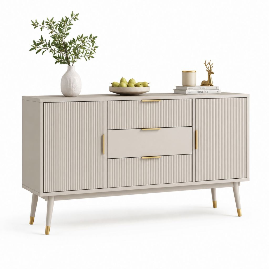 Credenza da sala da pranzo beige in MDF con ante scanalate e 3 cassetti 160 x 40 x 85 cm