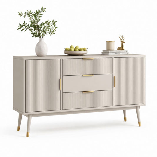 Credenza da sala da pranzo beige in MDF con ante scanalate e 3 cassetti 160 x 40 x 85 cm