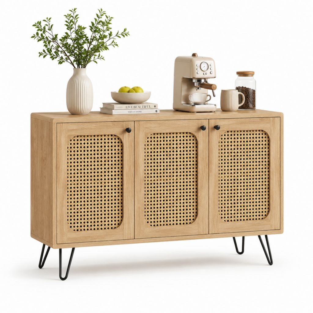 Credenza 3 ante rettangolare in MDF effetto rovere con rattan naturale 140 x 40 x 80 cm