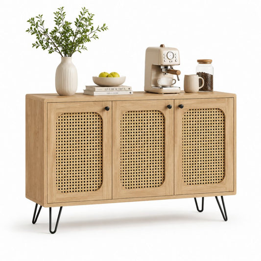 Credenza 3 ante rettangolare in MDF effetto rovere con rattan naturale 140 x 40 x 80 cm